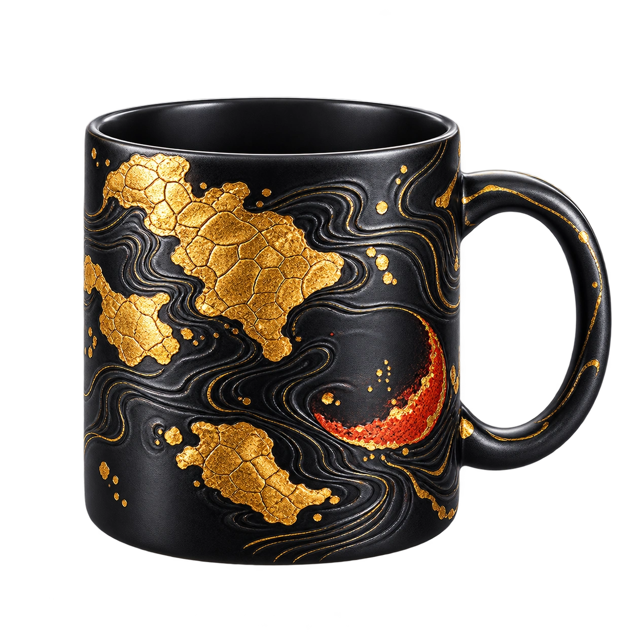 Black mug with flowing gold cloud motifs, a creative design example