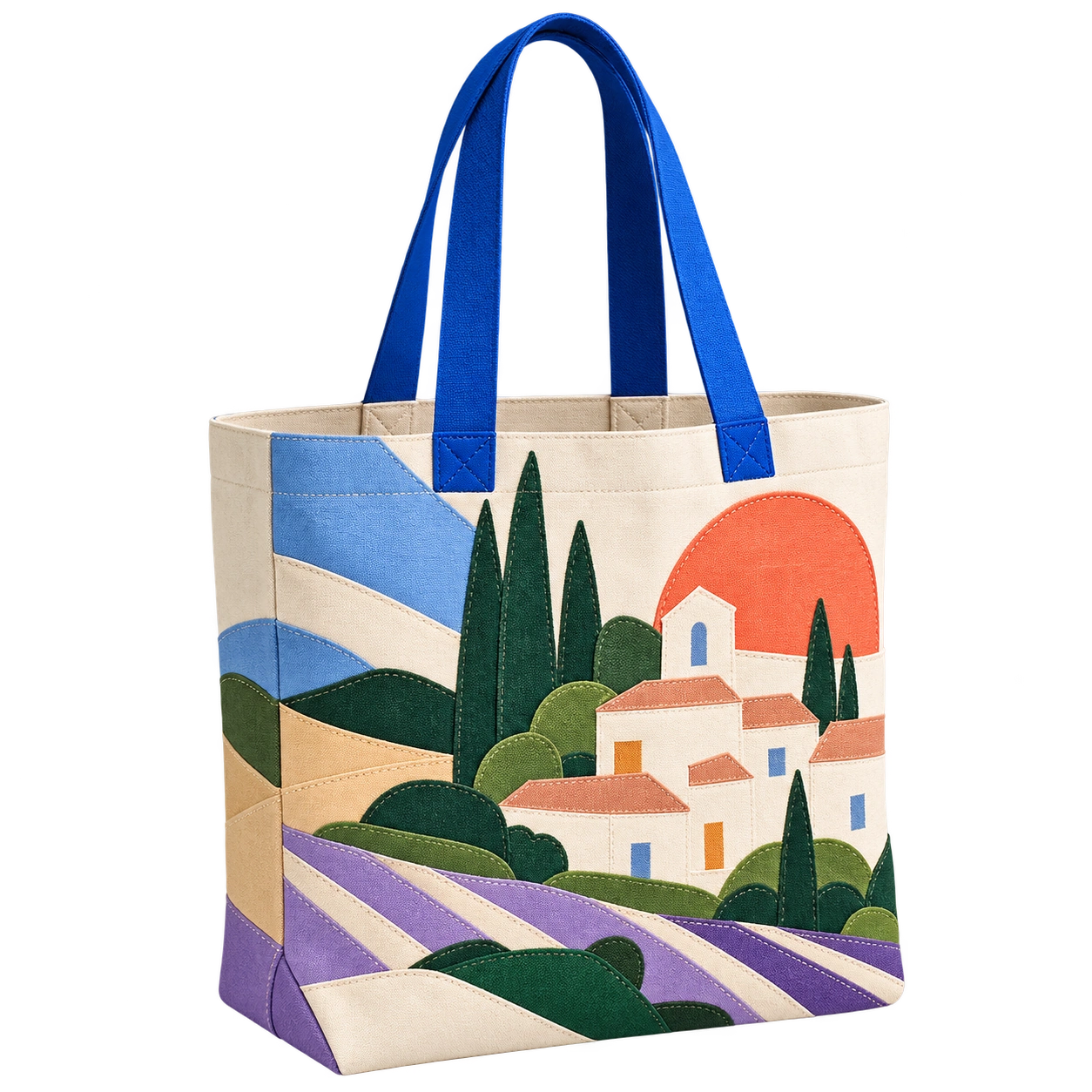 Tote design with a geometric landscape and blue handles