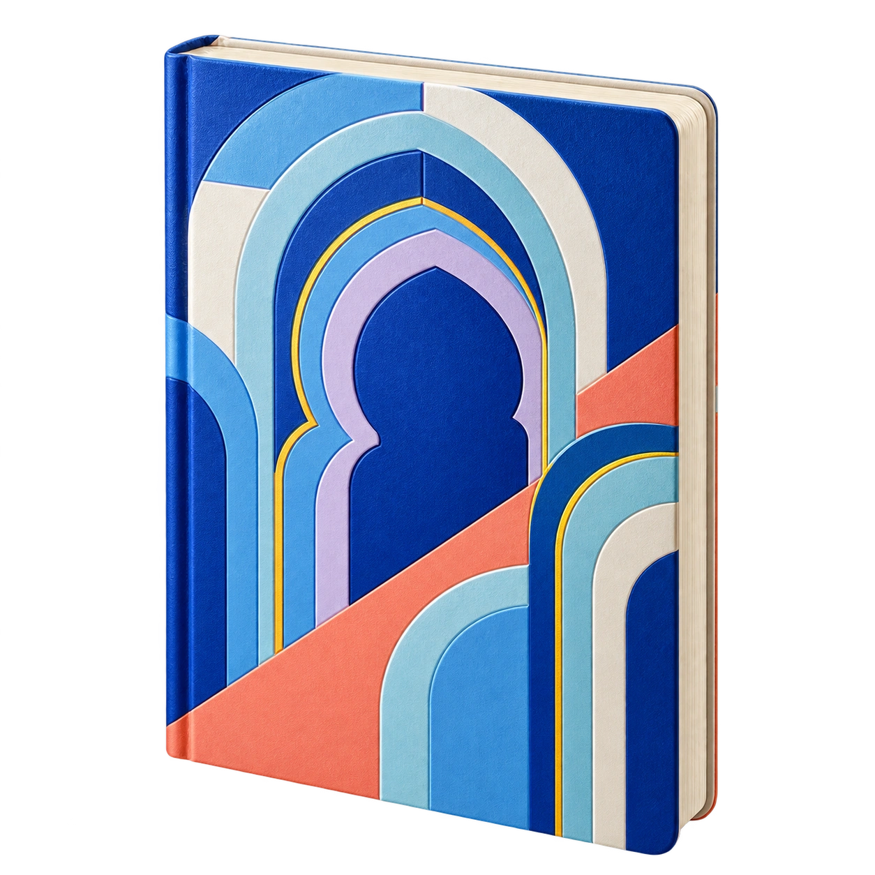 Notebook cover with layered color shapes and an arch motif