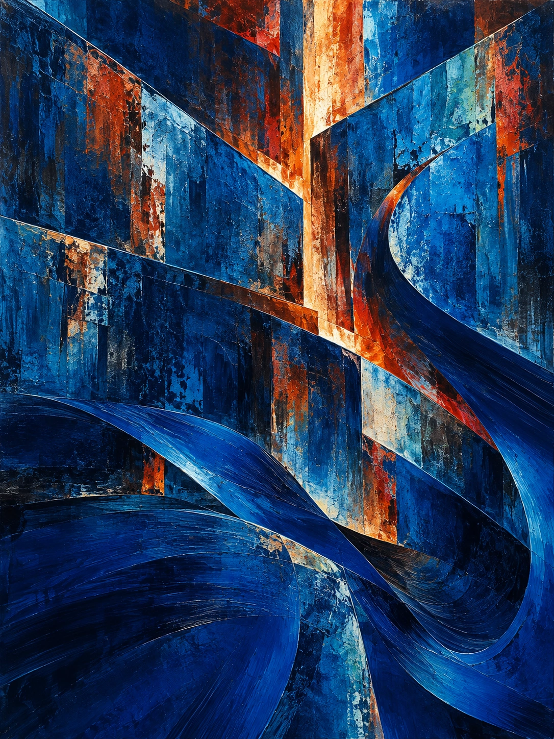 Abstract artwork of blue architectural spaces and warm orange light