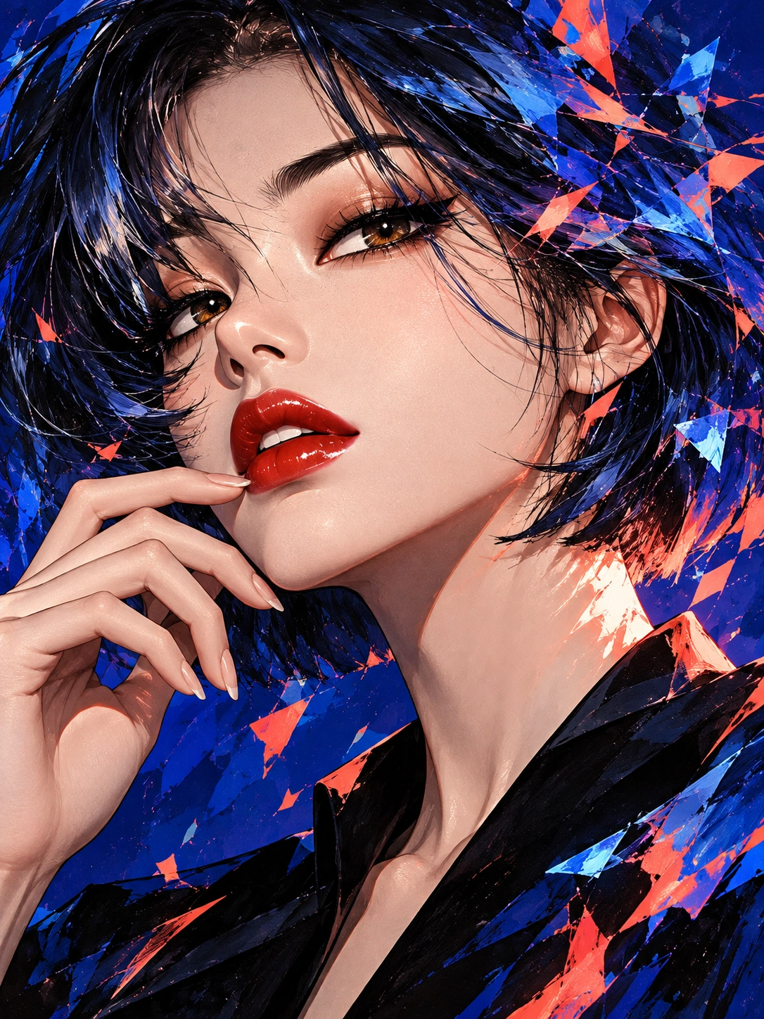 蓝色头发与光影细节的插画人物作品