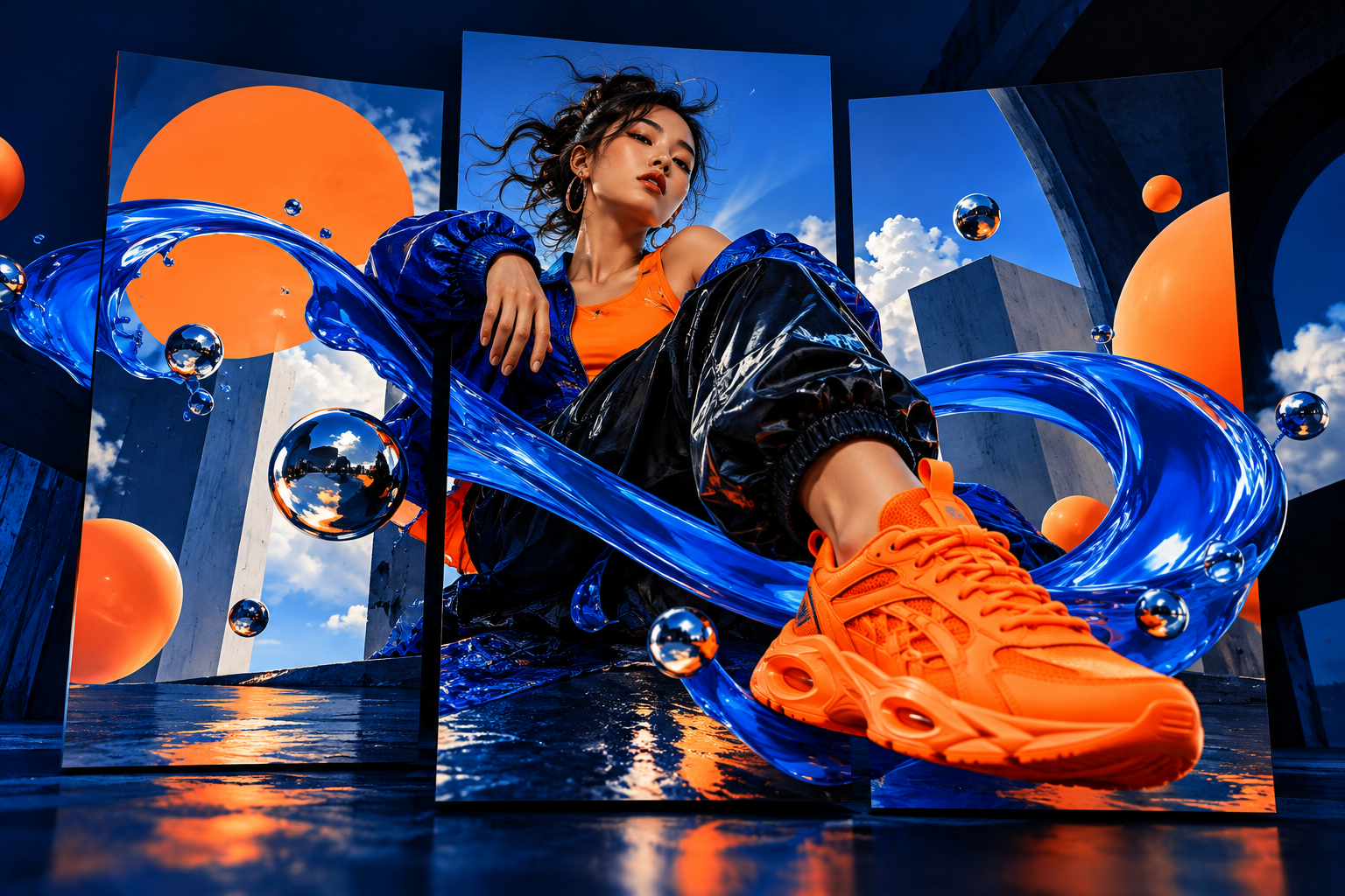 Fashion promotional visual with blue and orange sculptural forms